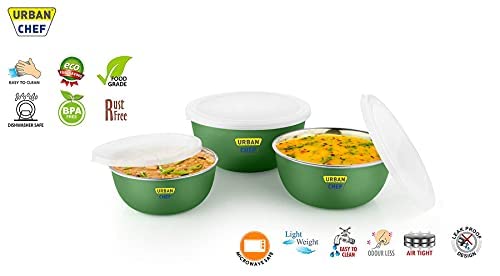 URBAN CHEF Mixing Bowl Set of 3 Stainless Steel (500ml, 800ml,1250ml) | Microwave Safe & Dishwasher Safe | Bowl Set with Lid for Gift | Bowls for Snacks | Serving Bowls Kitchen Accessories -Green - Image 5