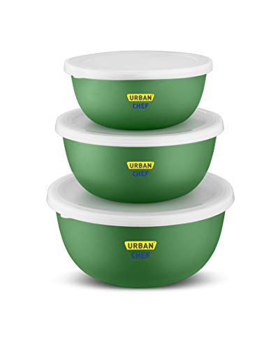 URBAN CHEF Mixing Bowl Set of 3 Stainless Steel (500ml, 800ml,1250ml) | Microwave Safe & Dishwasher Safe | Bowl Set with Lid for Gift | Bowls for Snacks | Serving Bowls Kitchen Accessories -Green - Image 1