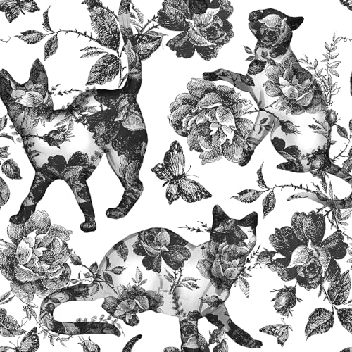 MuralPeel Black White Vintage Floral Cat Animals Butterfly Peel and Stick Wallpaper Self Adhesive Removable Easy Peel Off Contact Paper Stick on Wall Paper for Bedroom Cabinet Renter Friendly - Image 1