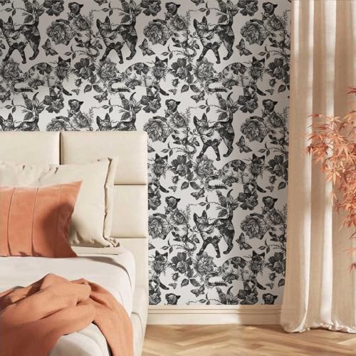 MuralPeel Black White Vintage Floral Cat Animals Butterfly Peel and Stick Wallpaper Self Adhesive Removable Easy Peel Off Contact Paper Stick on Wall Paper for Bedroom Cabinet Renter Friendly - Image 2