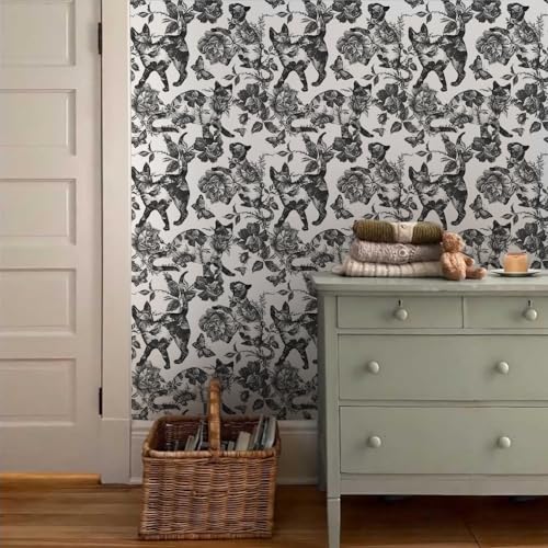 MuralPeel Black White Vintage Floral Cat Animals Butterfly Peel and Stick Wallpaper Self Adhesive Removable Easy Peel Off Contact Paper Stick on Wall Paper for Bedroom Cabinet Renter Friendly - Image 3