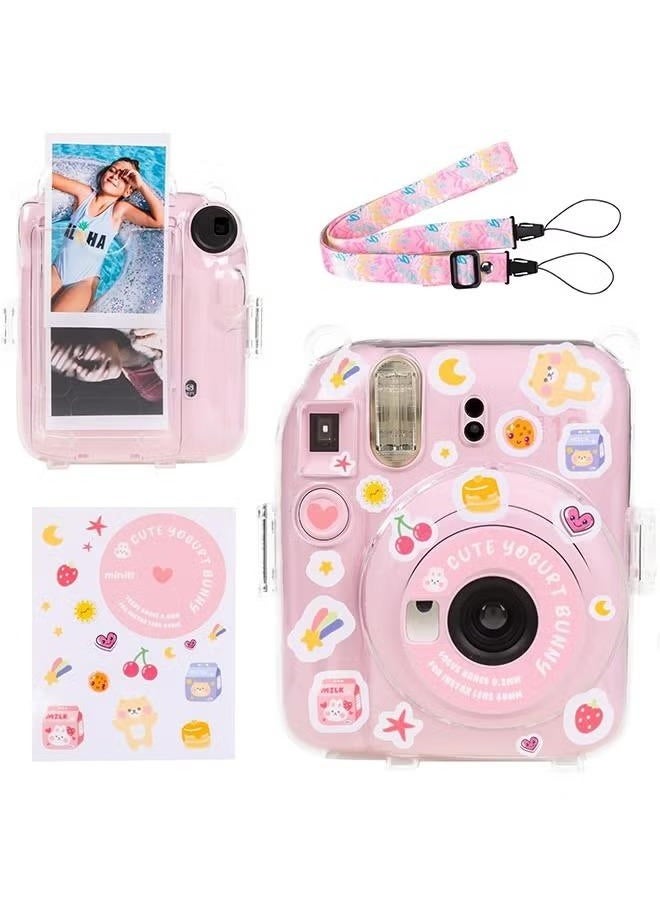 Generic 3 Pack Clear Camera Case Compatible with Fujifilm Instax Mini 12 Instant Camera - Mini 12 Hard Case with Photo Pocket Holds on Back and Adjustable Shoulder Strap & Cute Camera Sticker (Pink)  - Image 1