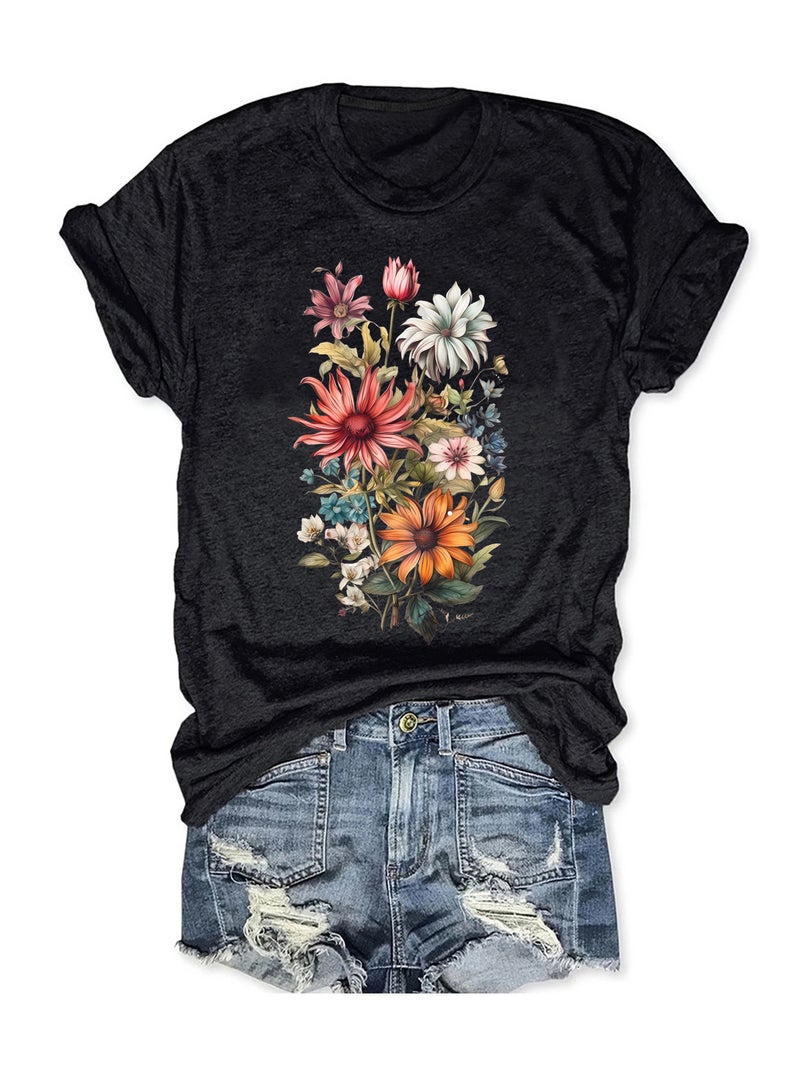 Summer Women'S Plant Flower Pattern Printing Round Neck Short Sleeve Casual Fashion Explosion T-Shirt - Image 4