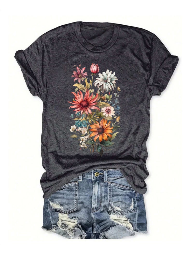 Summer Women'S Plant Flower Pattern Printing Round Neck Short Sleeve Casual Fashion Explosion T-Shirt - Image 2