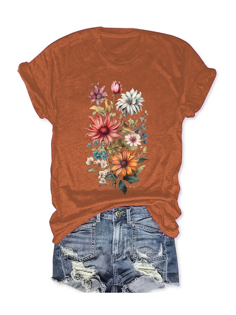 Summer Women'S Plant Flower Pattern Printing Round Neck Short Sleeve Casual Fashion Explosion T-Shirt - Image 1