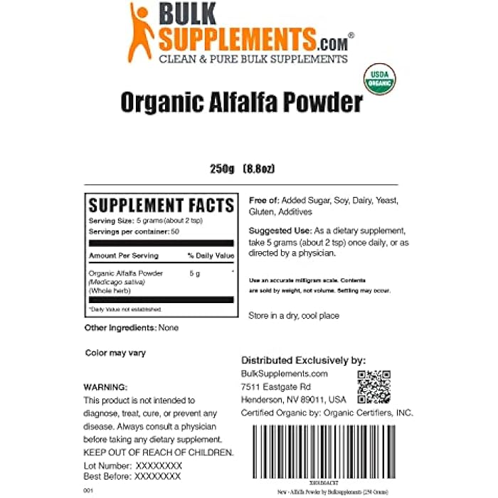 BulkSupplements.com Organic Alfalfa Grass Powder - Alfalfa Supplement, Green Superfood Powder - Vegan & Gluten Free, 5g per Serving, 250g (8.8 oz) (Pack of 1) - Image 2
