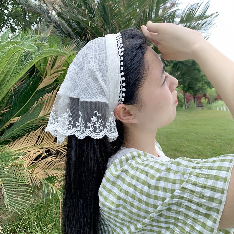 Generic Elegant Lace Triangle Headscarf Summer Band White Turban Headband 