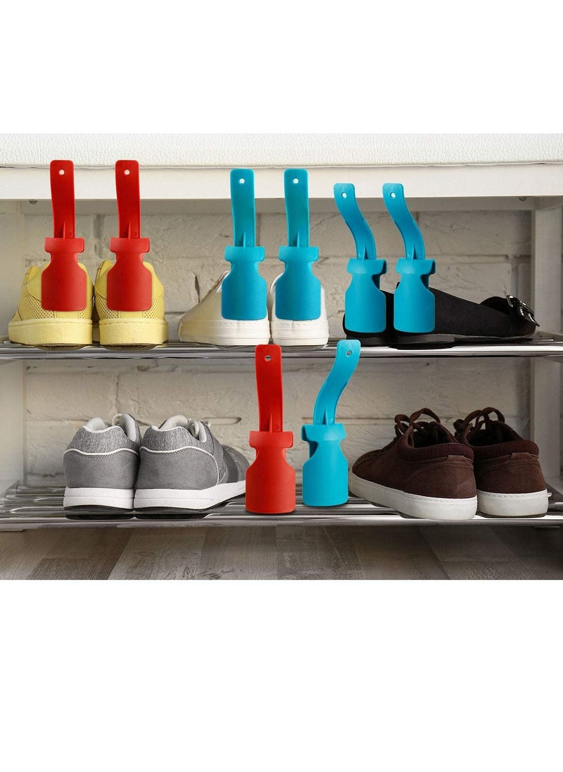 Excefore - 4 Pieces Lazy Shoe Helper Portable Sock Shoe Slider Travel Handled Shoe Horn Shoe Lifting Wearing Helper Tool Easy on Easy Off Plastic Shoehorn One Size Fits Most Shoes All Age, Blue/Red - Image 1