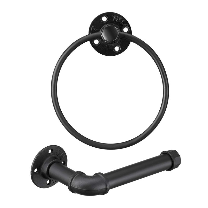 Industrial Black Toilet Paper Holder and Towel Ring Bathroom Hardware Set Wall Mounted Hardware Accessories Includes Pipe Towel Rack Towel Ring Matte Black Iron Finish for Bathroom 2PCS