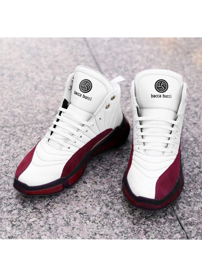 Bacca Bucci - Bacca Bucci® Men's Comfy Hi-Top Casual Chunky Streetwear Fashion Sneakers |White Red Ankle Shoe Quilted Designed | Model: Red Fox - White, Size UK10 - Image 1