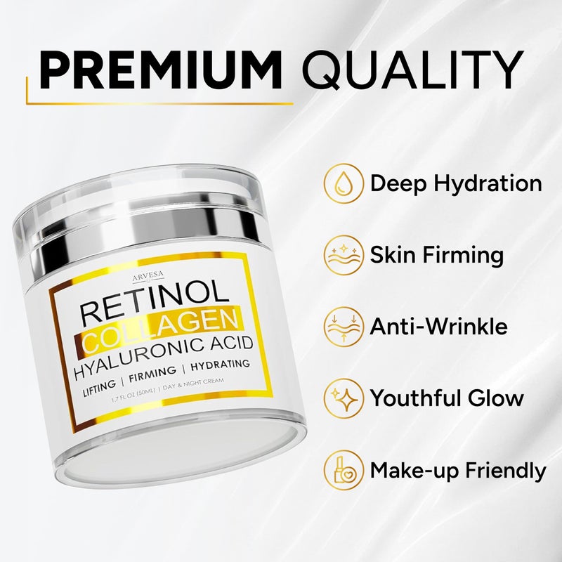 Arvesa Retinol Cream for Face with Collagen and Hyaluronic Acid - Anti Aging Wrinkle Cream for Women and Men - Day and Night Facial Moisturizer for Tightening and Skin Firming - Crema Hidratante Para la Cara - Image 4