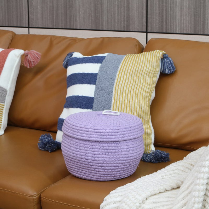 Sea Team Round Cotton Rope Storage Basket with Lid, Decorative Woven Storage Bin, Pot, Caddy, Organizer, Container for Snacks, Towels, Plants, 10 x 7.5 Inches (Small, Lavender) - Image 2