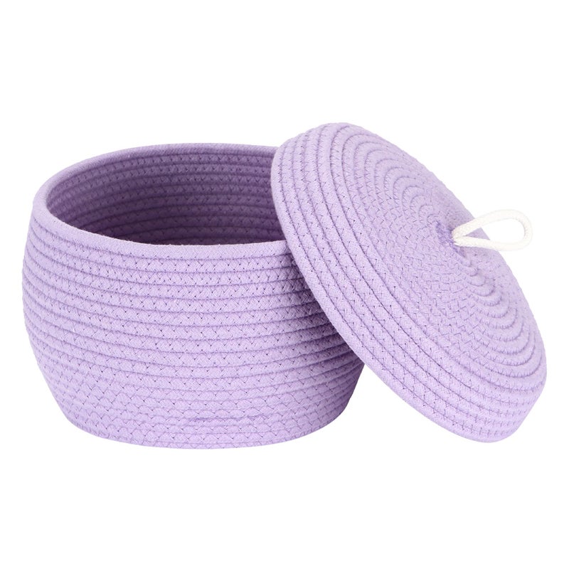 Sea Team Round Cotton Rope Storage Basket with Lid, Decorative Woven Storage Bin, Pot, Caddy, Organizer, Container for Snacks, Towels, Plants, 10 x 7.5 Inches (Small, Lavender) - Image 1