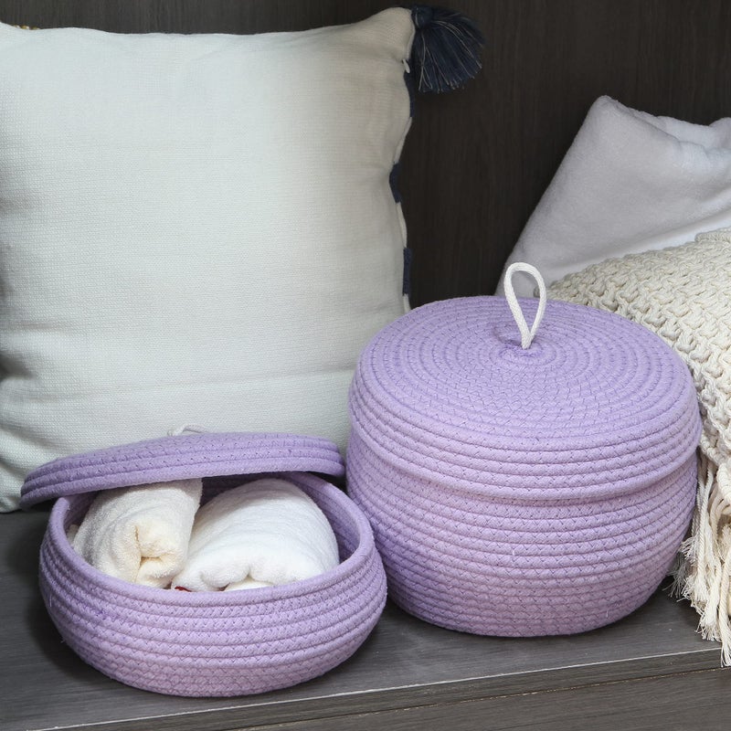 Sea Team Round Cotton Rope Storage Basket with Lid, Decorative Woven Storage Bin, Pot, Caddy, Organizer, Container for Snacks, Towels, Plants, 10 x 7.5 Inches (Small, Lavender) - Image 3