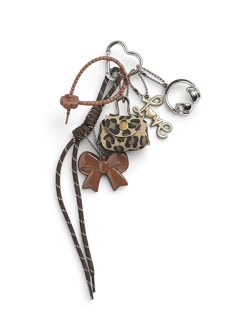Trendy Y2K Bag Charm & Keychain Set - Leopard Print Mini Bag, Bow, and "Love" Pendant - Aesthetic Accessory for Handbags - Image 1