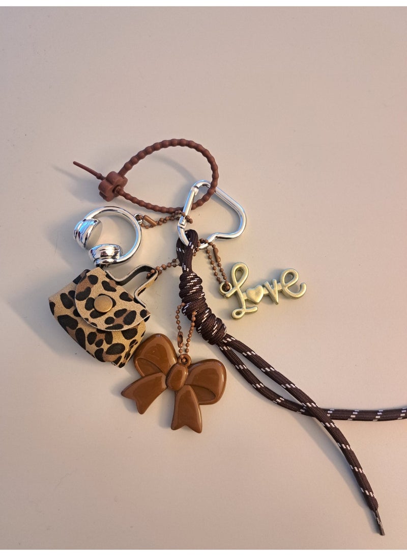 Trendy Y2K Bag Charm & Keychain Set - Leopard Print Mini Bag, Bow, and "Love" Pendant - Aesthetic Accessory for Handbags - Image 4