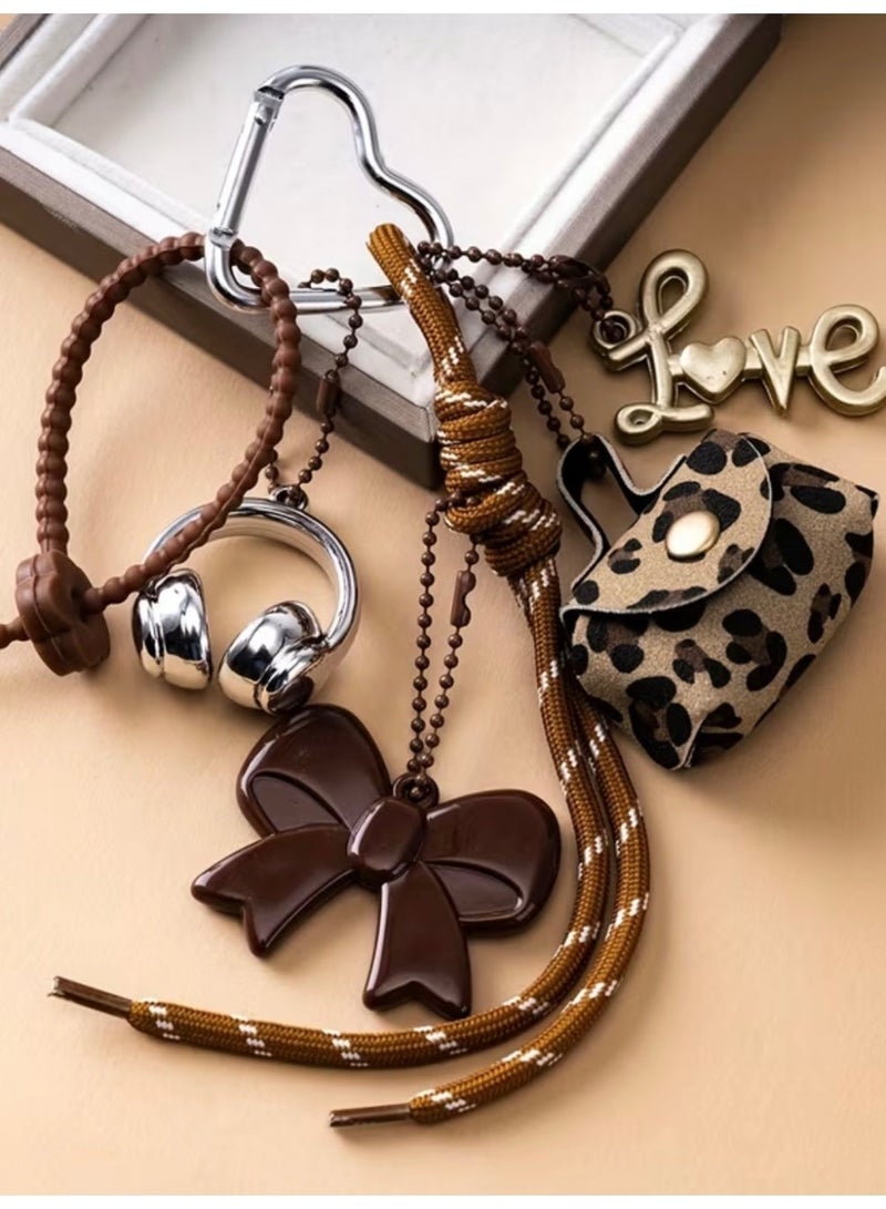Trendy Y2K Bag Charm & Keychain Set - Leopard Print Mini Bag, Bow, and "Love" Pendant - Aesthetic Accessory for Handbags - Image 3