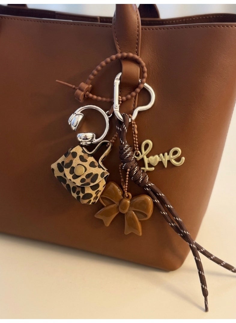 Trendy Y2K Bag Charm & Keychain Set - Leopard Print Mini Bag, Bow, and "Love" Pendant - Aesthetic Accessory for Handbags - Image 2