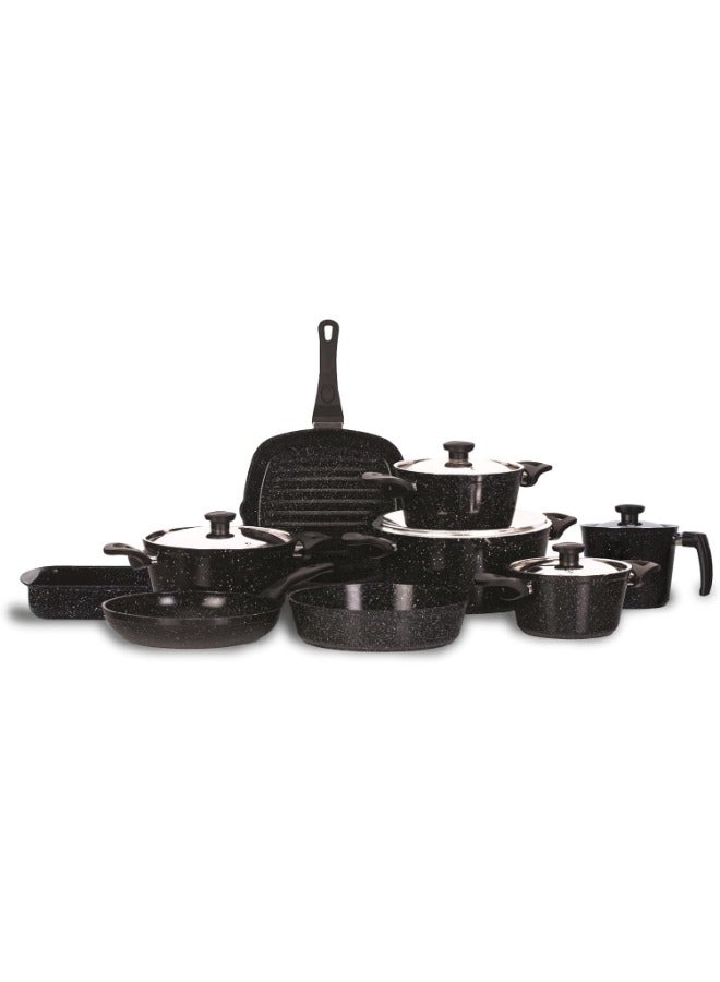 Top Chef 14 Piece Cookware Set Pot (18-20-24-28 - Frying Pan 26 - Tray 30 - Milkpot 16 - Grill 28 - Oblong Tray 30) -Black 