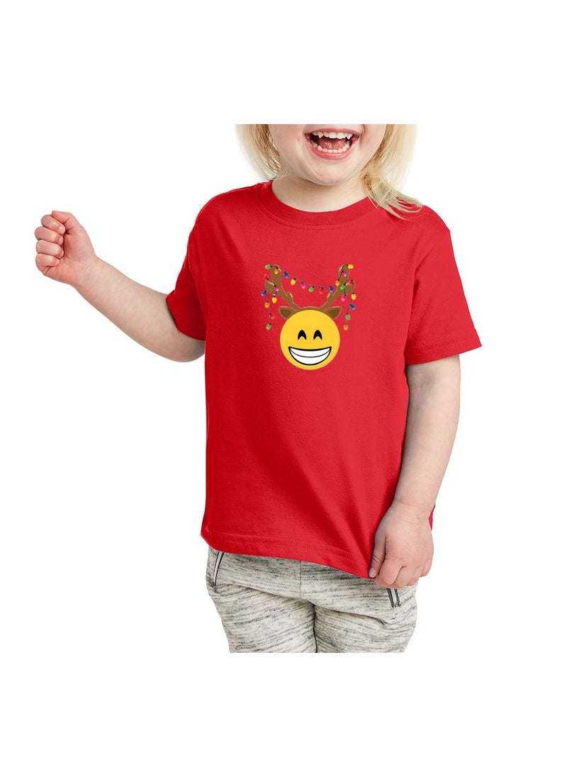 PRINTSHOP4ME - Christmas Emoji Kids Red T-Shirt For Girls–Soft Cotton Round Neck Short Sleeve T-Shirt With Smiley Face Emoji–Great For Parties - Image 1