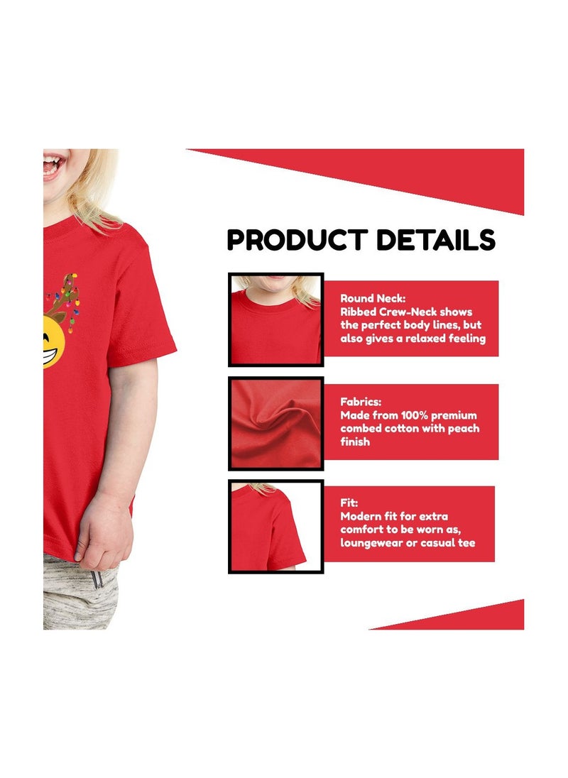 PRINTSHOP4ME - Christmas Emoji Kids Red T-Shirt For Girls–Soft Cotton Round Neck Short Sleeve T-Shirt With Smiley Face Emoji–Great For Parties - Image 1