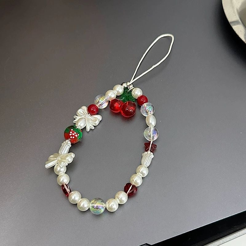 Handmade Beaded Phone Strap Cute Cherry Short Style Cherry Blossom Bow Lanyard