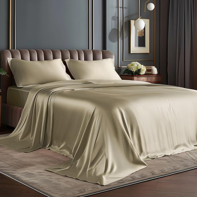 BEDELITE Satin Sheets Full Size Bed Set, Luxury Soft Taupe Silky Sheets for Hair and Skin, Similar to Silk Bed Sheets Set 4 Pieces with 1 Deep Pocket Fitted Sheet, 1 Flat Sheet, and 2 Pillowcases - Image 1