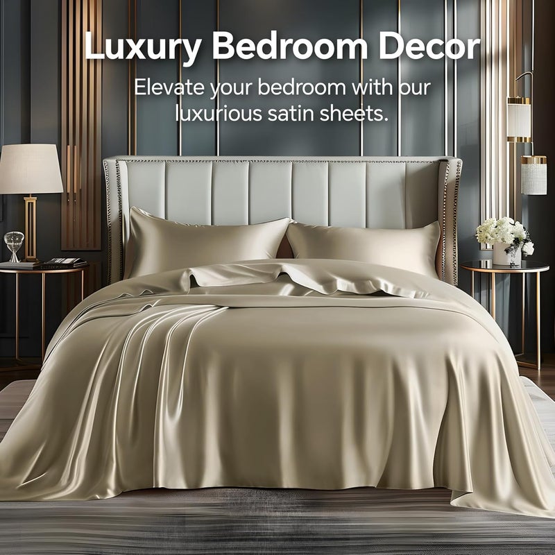 BEDELITE Satin Sheets Full Size Bed Set, Luxury Soft Taupe Silky Sheets for Hair and Skin, Similar to Silk Bed Sheets Set 4 Pieces with 1 Deep Pocket Fitted Sheet, 1 Flat Sheet, and 2 Pillowcases - Image 2