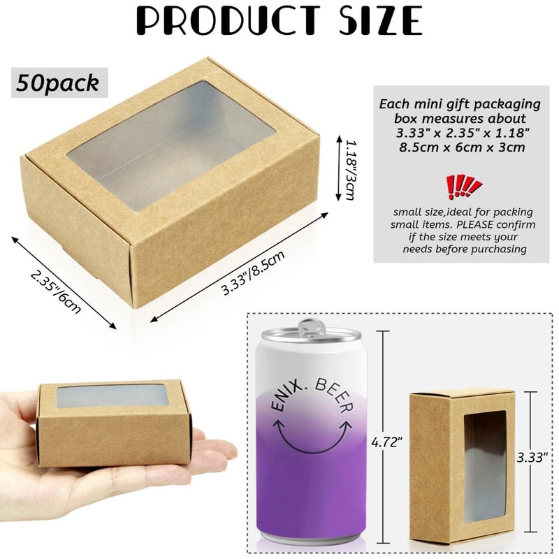 BadenBach 50 Pack Mini Kraft Paper Boxes with Windows,3.33" x 2.35" x 1.18",Small Homemade Soap Box Mini Treat Gift Boxes Bulk for Candy Cookies Party Favors Mother's Day Supplies(Brown) - Image 2