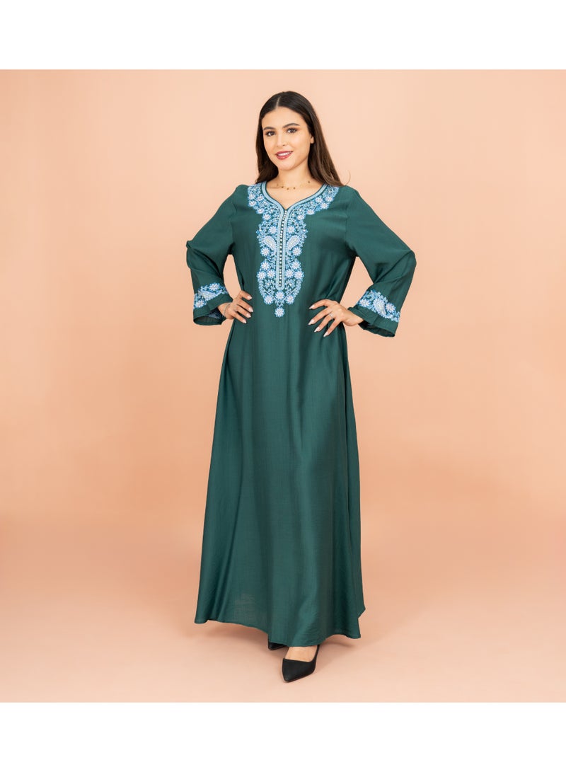 IKKXA Classic Solid Floral Embroidery Crystal Jalabiya - Image 5