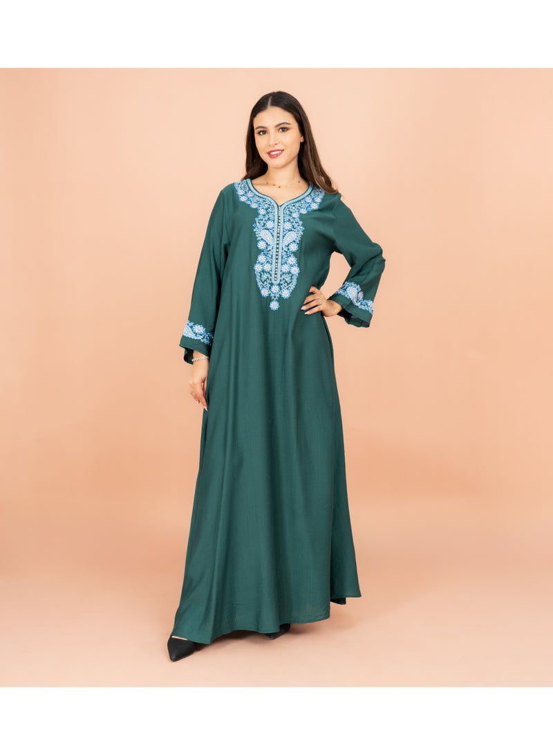 IKKXA Classic Solid Floral Embroidery Crystal Jalabiya - Image 1