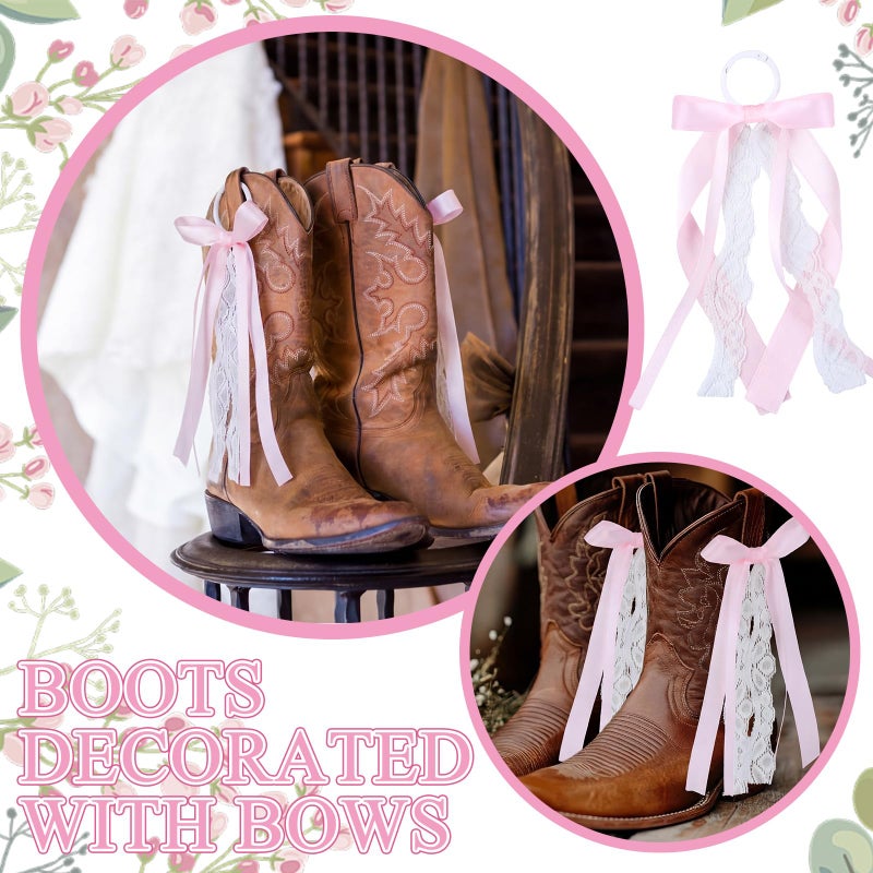 FineCheer 4 Pcs Pink Ribbon Boot Bow for Cowgirl Boots Lace Bows Clip Decor Removable for Wedding Women DIY Bridal Shower Reception Accessory Supplies Gifts - Image 3