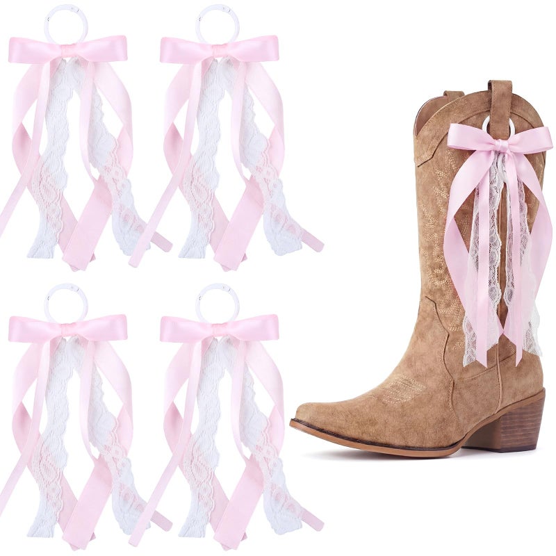 FineCheer 4 Pcs Pink Ribbon Boot Bow for Cowgirl Boots Lace Bows Clip Decor Removable for Wedding Women DIY Bridal Shower Reception Accessory Supplies Gifts - Image 1