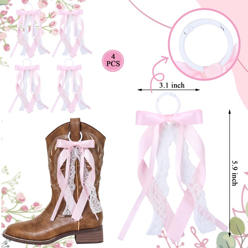 FineCheer 4 Pcs Pink Ribbon Boot Bow for Cowgirl Boots Lace Bows Clip Decor Removable for Wedding Women DIY Bridal Shower Reception Accessory Supplies Gifts - Image 2