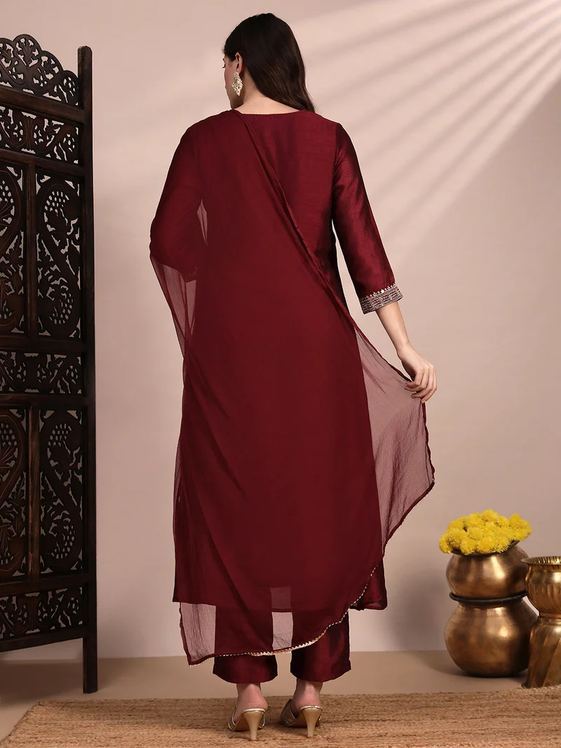 globus Globus Women Maroon V-Neck Sequin & Zari Embroidered Yoke A-Line Kurta With Pant & Dupatta Festive Set