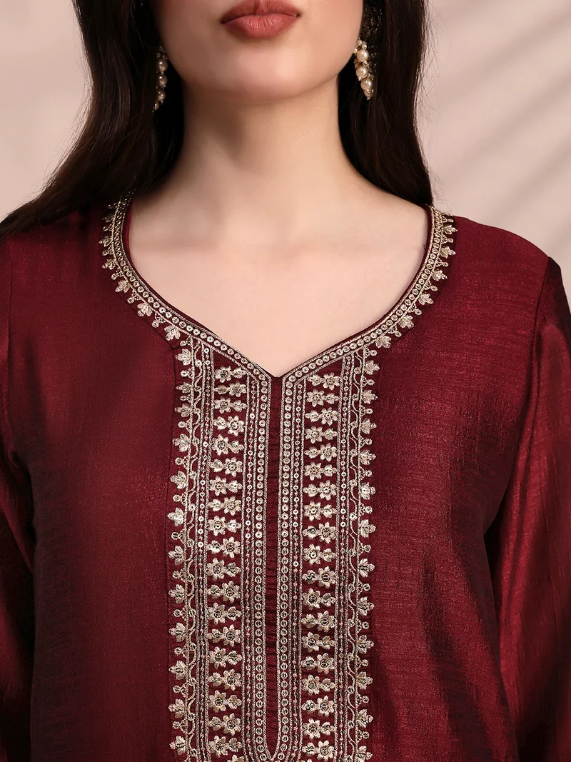 globus Globus Women Maroon V-Neck Sequin & Zari Embroidered Yoke A-Line Kurta With Pant & Dupatta Festive Set