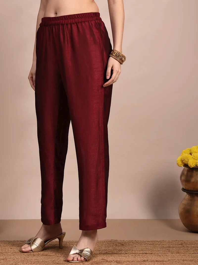 globus Globus Women Maroon V-Neck Sequin & Zari Embroidered Yoke A-Line Kurta With Pant & Dupatta Festive Set