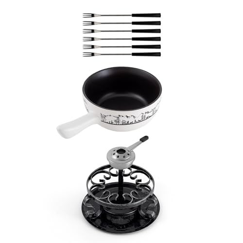 Swissmar طقم فوندو الجبنة سويسمار هايدي - 2.8 QT / 2.65 L - وعاء فوندو سيراميكي مع ريشود، موقد فوندو، 6 شوكات وبطاقة وصفة - مثالي لذوبان الجبنة، الشوكولاتة والكراميل - أبيض - Image 1
