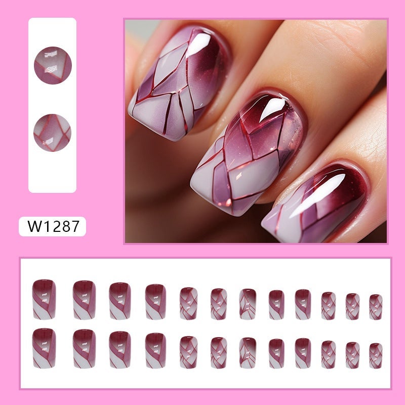 KAIRAY 24-Piece blush flowers Gradient Wearable Nails,Short Style,Versatile,Removable,No Damage to Nails,Finished Nails Suitable FOR Girls & 24-Piece Wine Red Glass Gradient Wearable Nails,Short Style,Versatile,Removable,No Damage to Nails,Finished Nails Suitable FOR Girls Bundle - Image 3