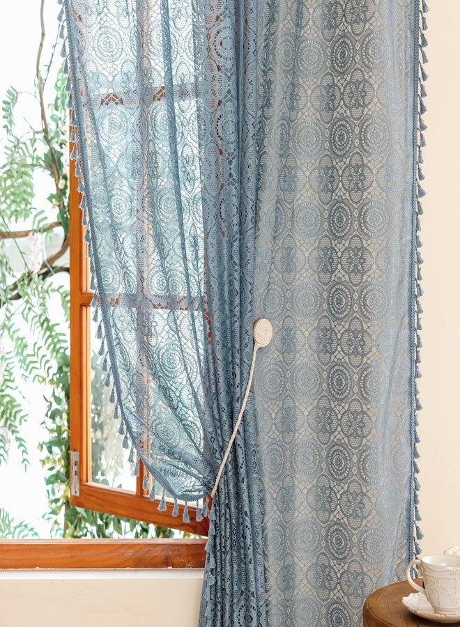YJ YANJUN Blue Boho Curtains for Bedroom -63 Inch Length 2 Panels, Lace Sheer Curtains for Living Room, Floral Embroidered, Coastal Cottagecore Farmhouse Style W59 x L63 Dusty Blue - Image 3