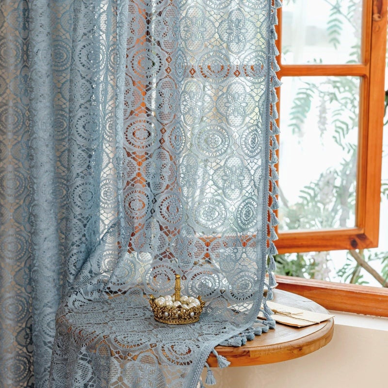 YJ YANJUN Blue Boho Curtains for Bedroom -63 Inch Length 2 Panels, Lace Sheer Curtains for Living Room, Floral Embroidered, Coastal Cottagecore Farmhouse Style W59 x L63 Dusty Blue - Image 1