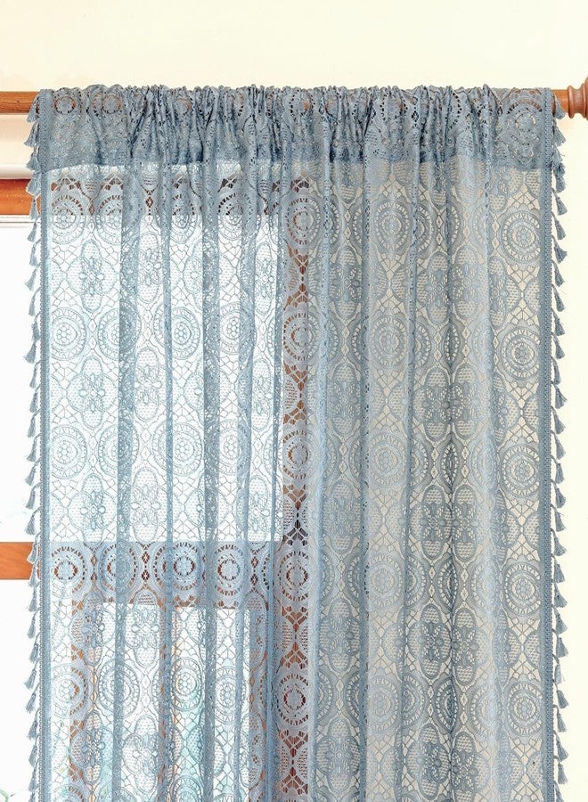 YJ YANJUN Blue Boho Curtains for Bedroom -63 Inch Length 2 Panels, Lace Sheer Curtains for Living Room, Floral Embroidered, Coastal Cottagecore Farmhouse Style W59 x L63 Dusty Blue - Image 2