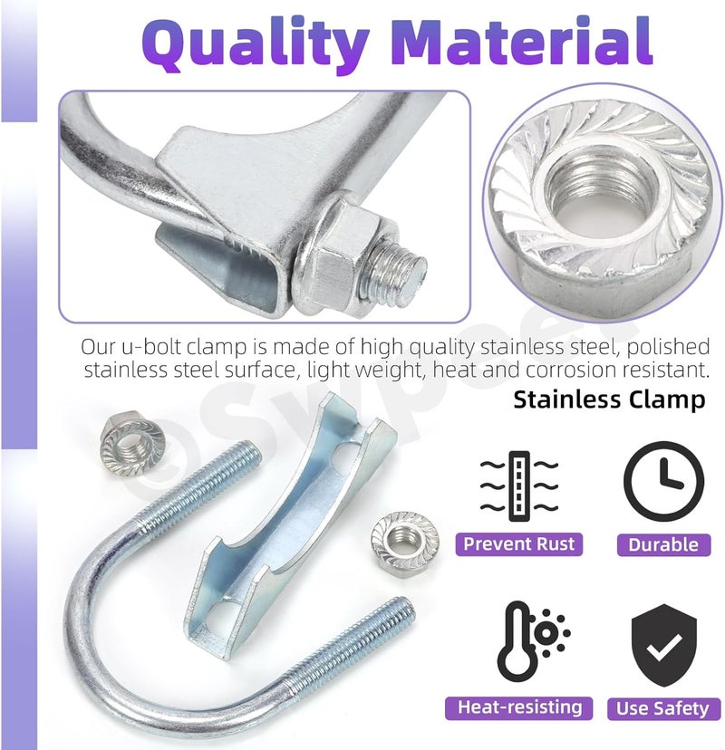 Swpeet 2Pcs Galvanized 1-1/2" - 38mm Exhaust U Clamp Kit, Galvanized Muffler U-Bolt Clamps, Universal Heavy Duty U-Bolt Muffler Clamp Ideal for Tip Pipes Connection Balanced structure - Image 3