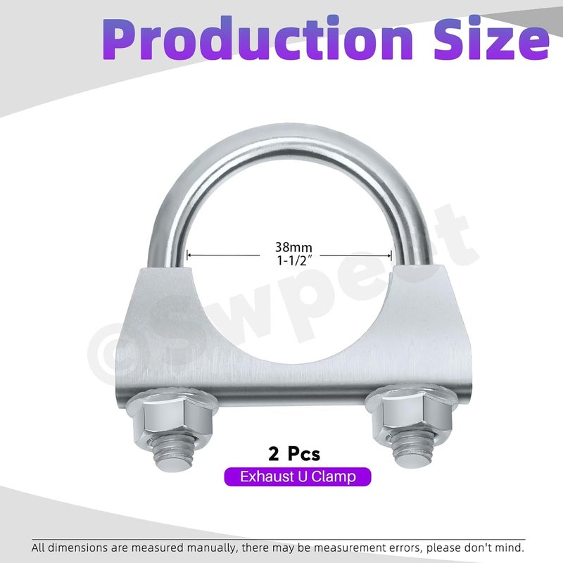 Swpeet 2Pcs Galvanized 1-1/2" - 38mm Exhaust U Clamp Kit, Galvanized Muffler U-Bolt Clamps, Universal Heavy Duty U-Bolt Muffler Clamp Ideal for Tip Pipes Connection Balanced structure - Image 2