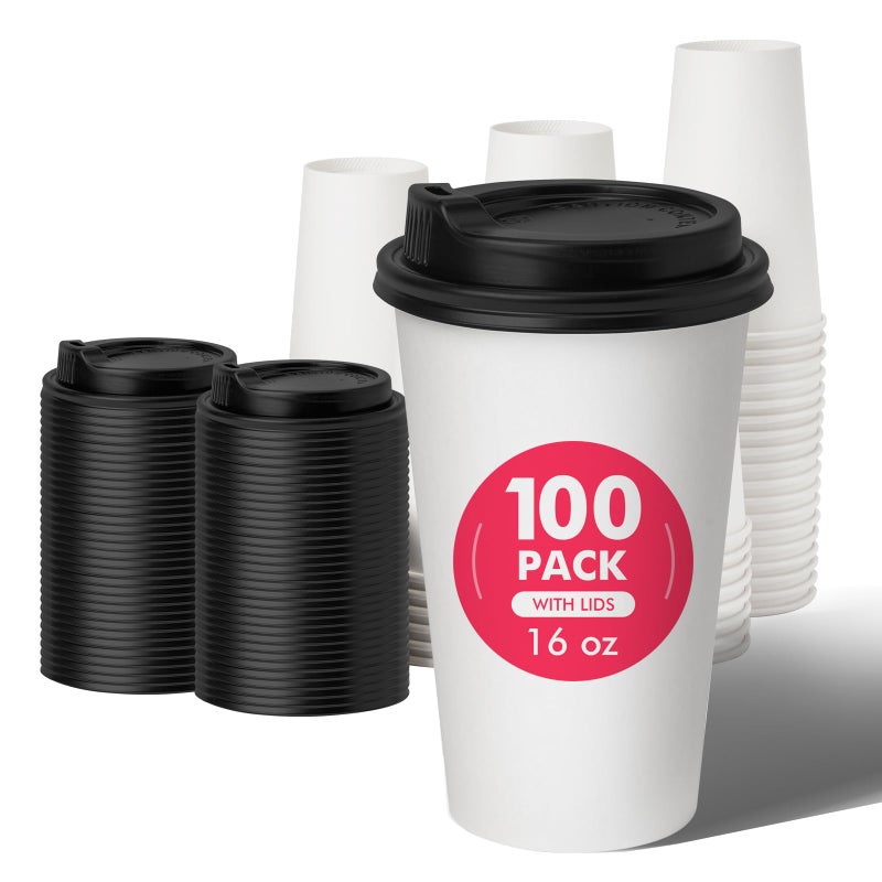RACETOP 16 oz 100 Pack Disposable Paper Coffee Cups with Lids Paper Cups with Lids Hot Cups for HomeOffice