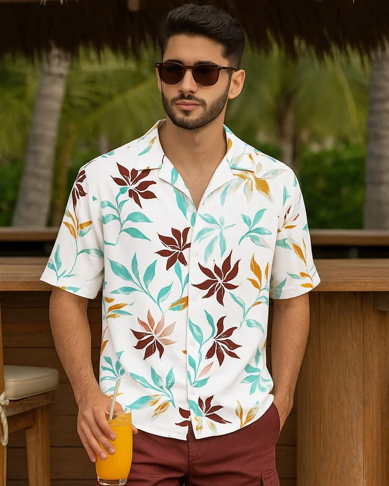 بيواكوف قميص رجالي أبيض وأصفر بطبعة كاملة مقاس كبير