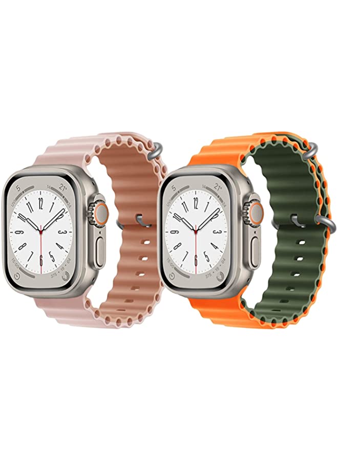 IAF Silicone Ocean Band Strap for Apple Watch Ultra 8 49mm Pink/Beige Double Side Strap with Orange/Green Double Side Strap Set of 2