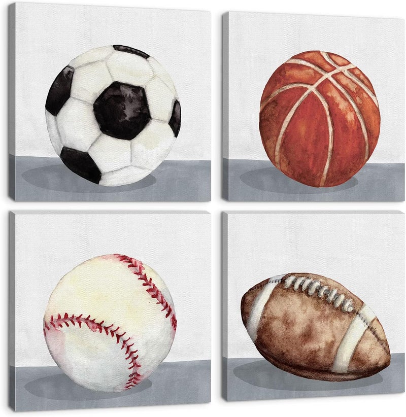 YOOOAHU 4 Pieces Canvas Prints of Canvas Paintings for Boys Room, Kids Room, Playroom, Baseball, Basketball, Football, 16x16 Inches - Image 1