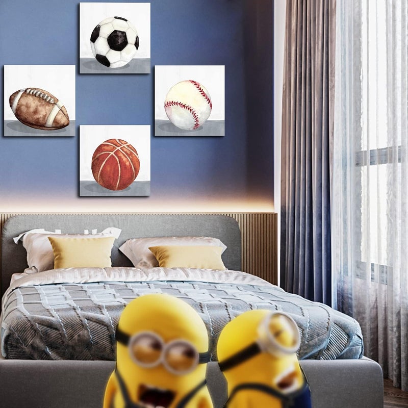 YOOOAHU 4 Pieces Canvas Prints of Canvas Paintings for Boys Room, Kids Room, Playroom, Baseball, Basketball, Football, 16x16 Inches - Image 3