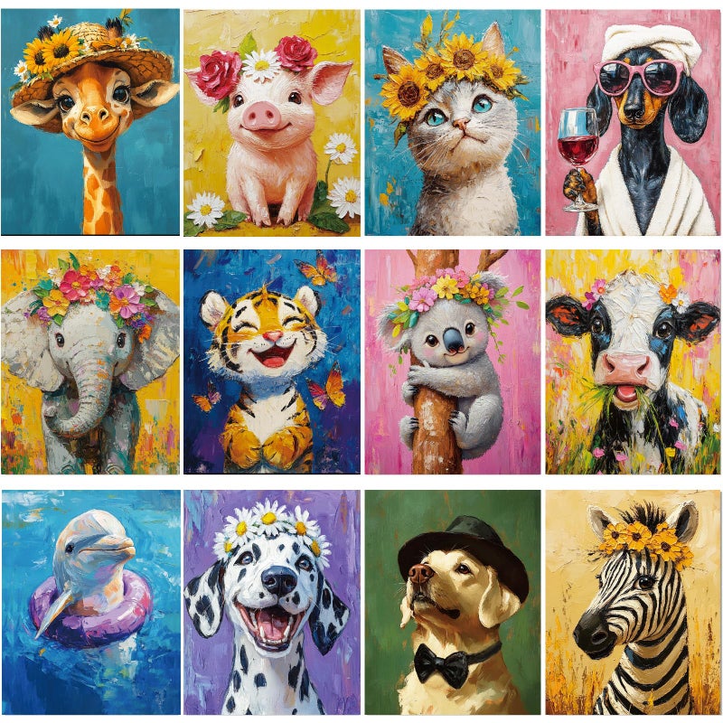 Sherr 12 Pcs Pre Drawn Canvas Pre Printed Canvas Set for Adults Cute Printed to Paint Set Theme Painting for Summer Party Favor (Flower Animals,8 x 10 Inch) - Image 1